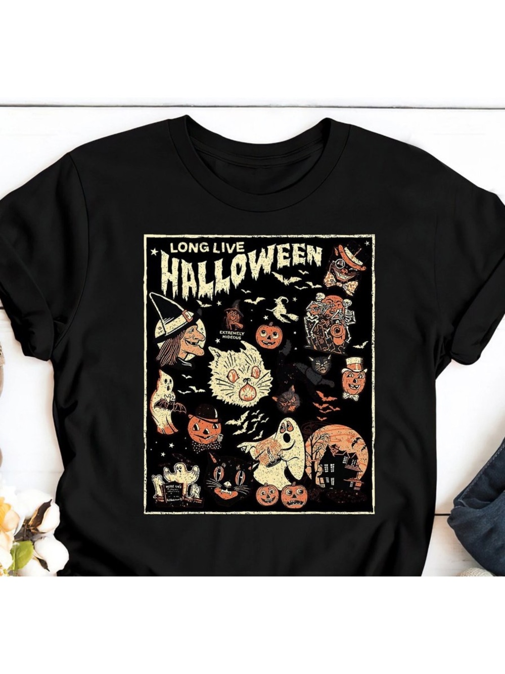 Black Halloween Graphic Tee with Cream & Orange Print